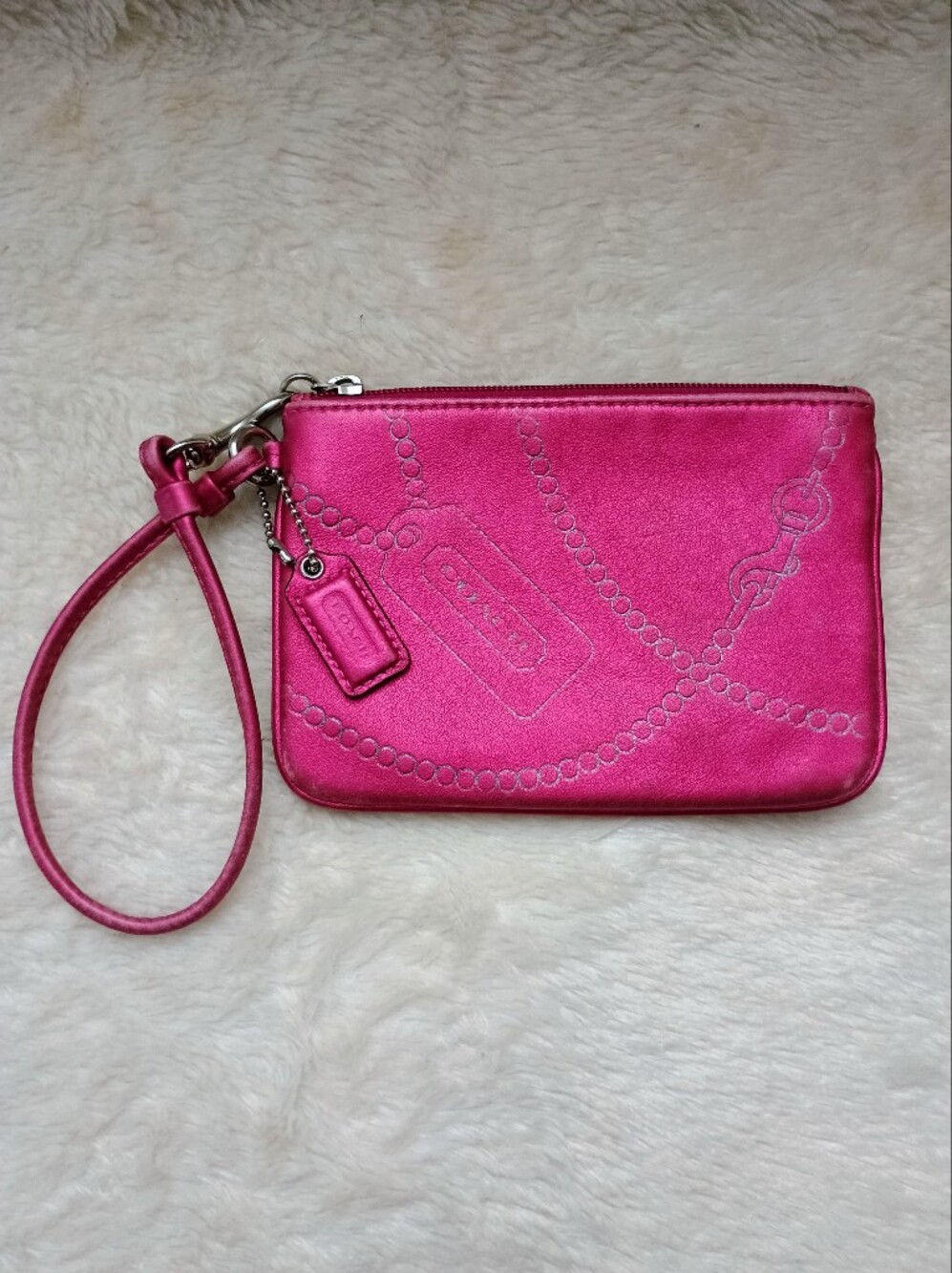 Coach Metallic Raspberry Pink Leather Chain Embossed Wristlet